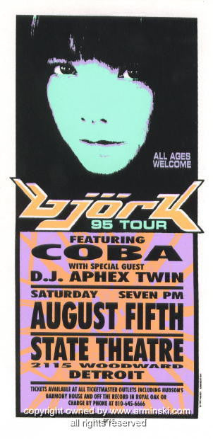 1995 Bjork & DJ Aphex Twin - Detroit Concert Handbill by Mark Arminski (MA-044)