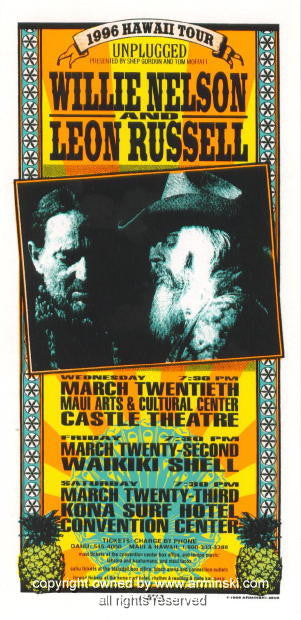 1996 Willie Nelson & Leon Russell - Hawaii Concert Poster by Mark Arminski (MA-9605)