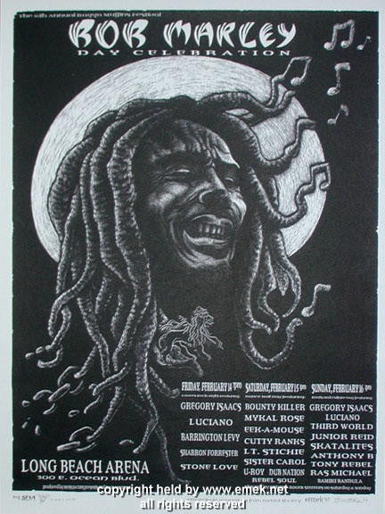 1997 Bob Marley Day w/ Gregory Isaacs - Long Beach Black/White Concert Poster by Emek