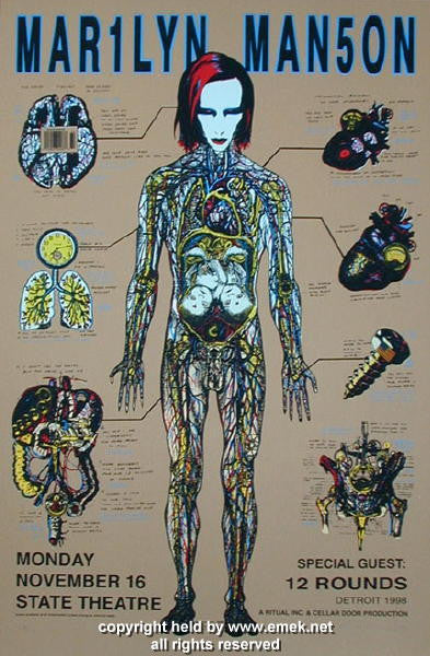 1998 Marilyn Manson w/ 12 Rounds - Detroit Light Board Variant Concert Poster by Emek